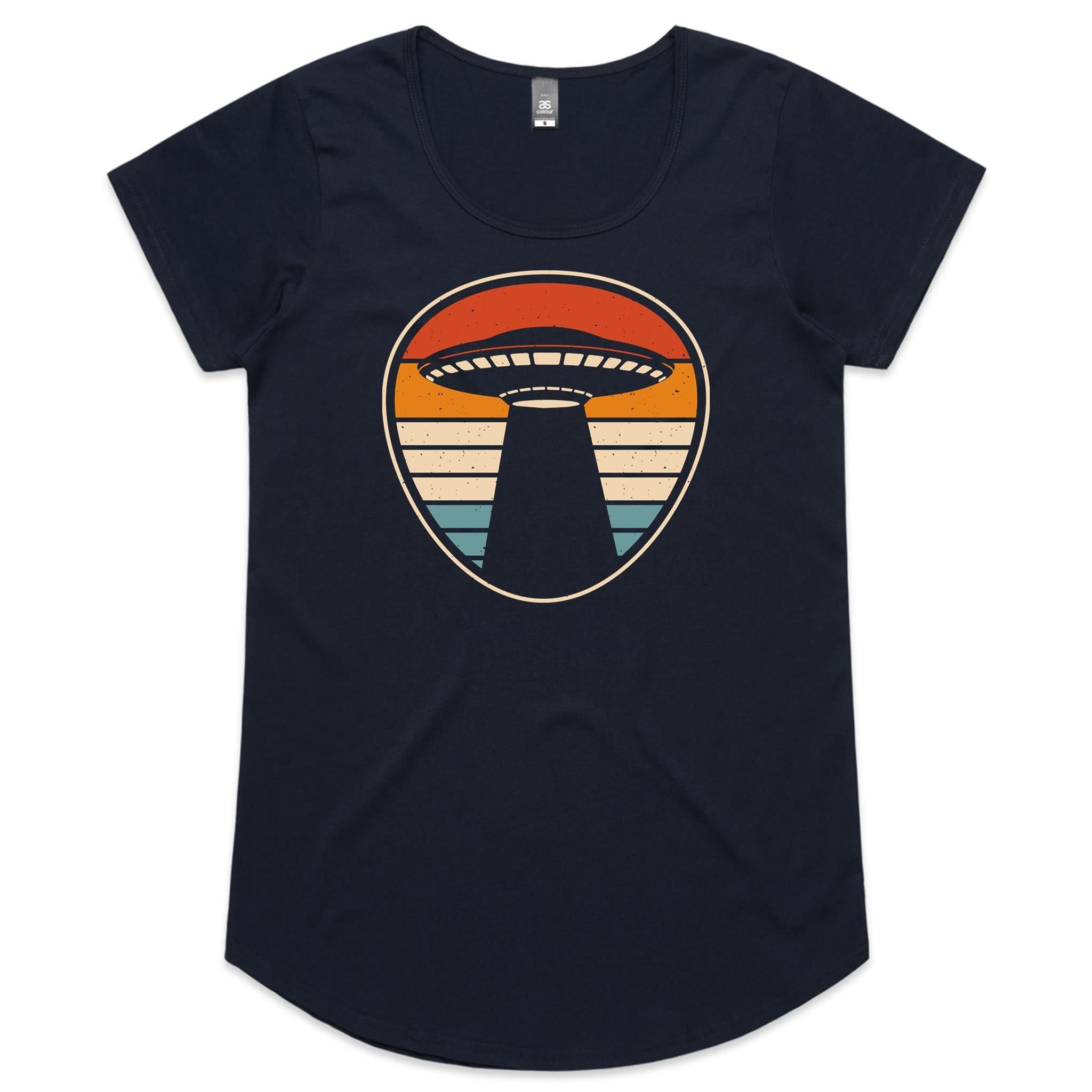 UFO, Retro Stripes - Womens Scoop Neck T-Shirt Navy Womens Scoop Neck T-shirt Printed In Australia