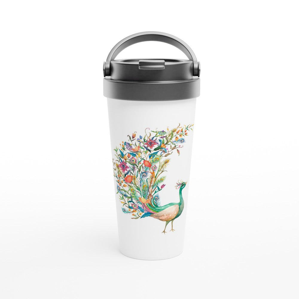 Flower Peacock - White 15oz Stainless Steel Travel Mug Default Title Travel Mug animal Globally Fulfilled