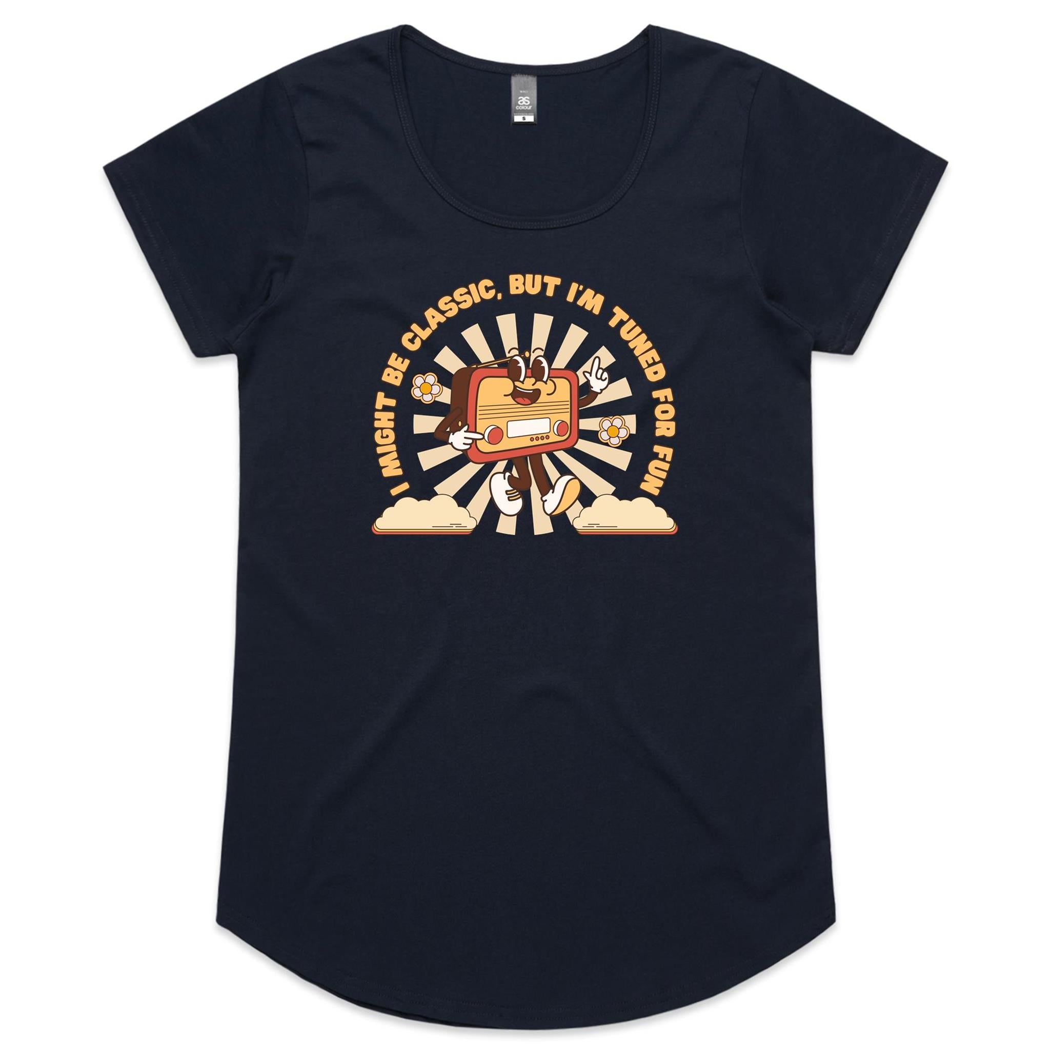 I Might Be Classic But I'm Tuned For Fun, Old Radio - Womens Scoop Neck T-Shirt Navy Womens Scoop Neck T-shirt Music Printed In Australia Retro