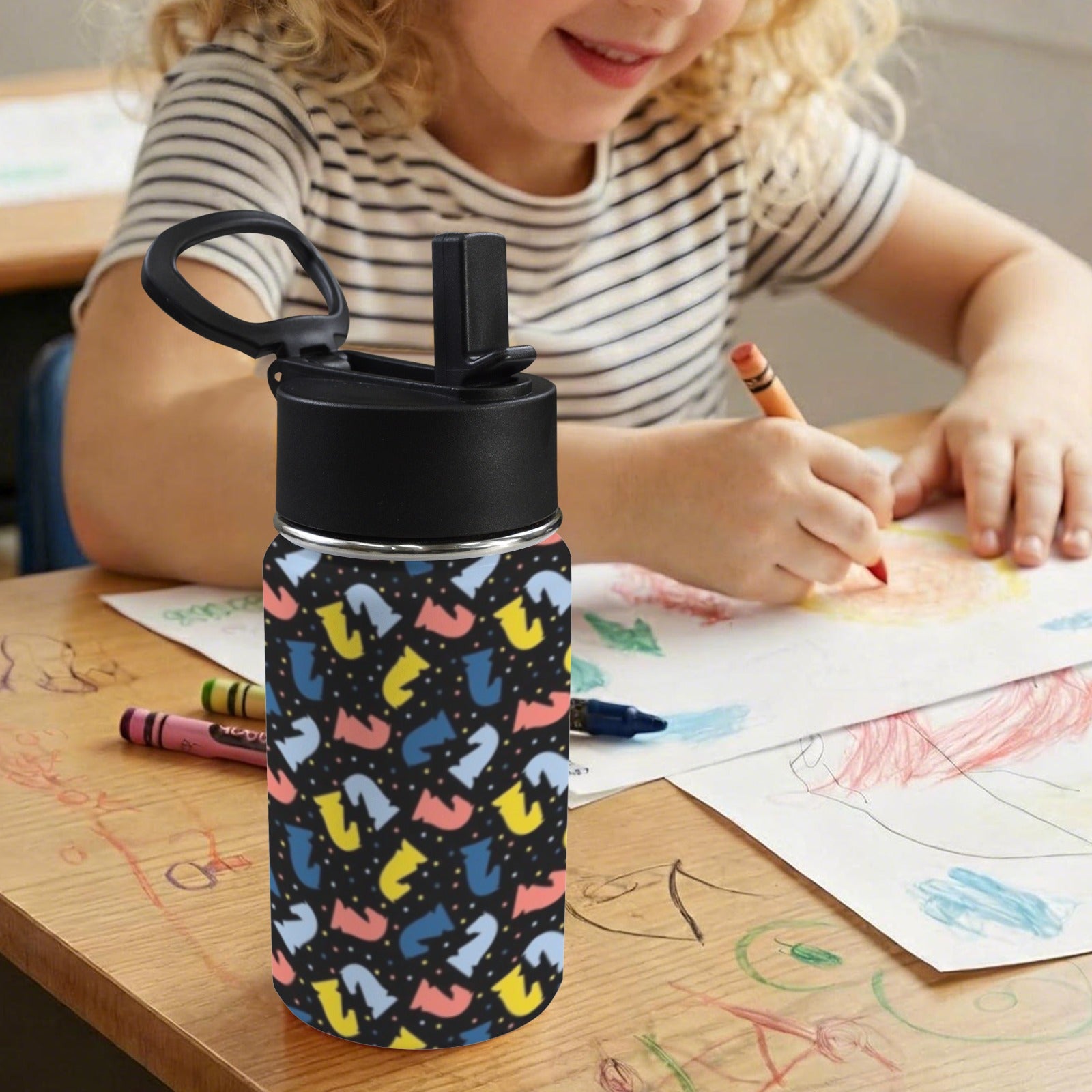 Colourful Chess Pattern 12oz Kids Water Bottle with Straw Lid