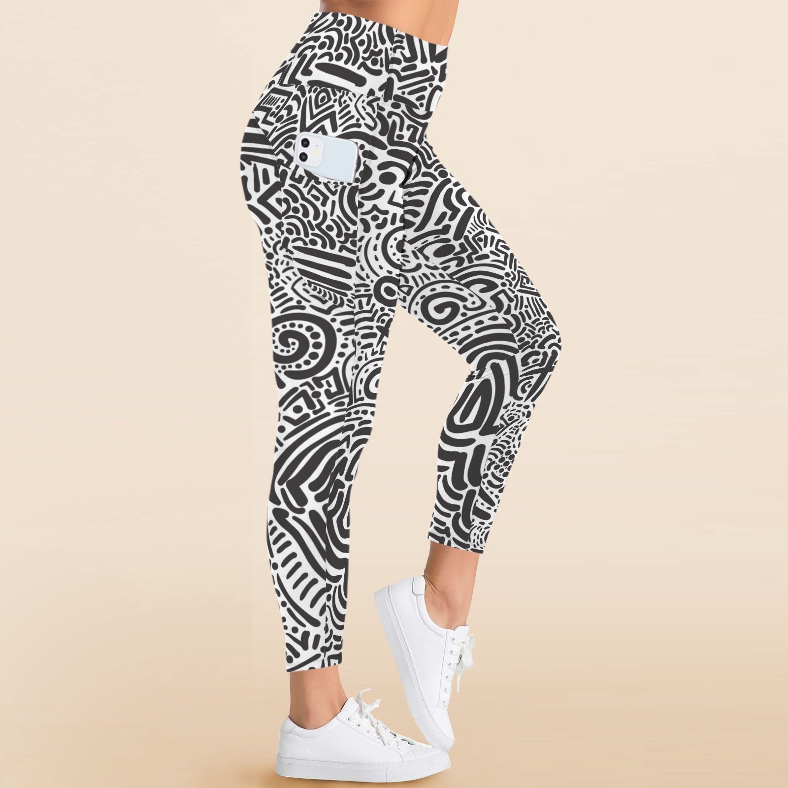 Black And White - Women's High Waist Pockets Yoga Leggings