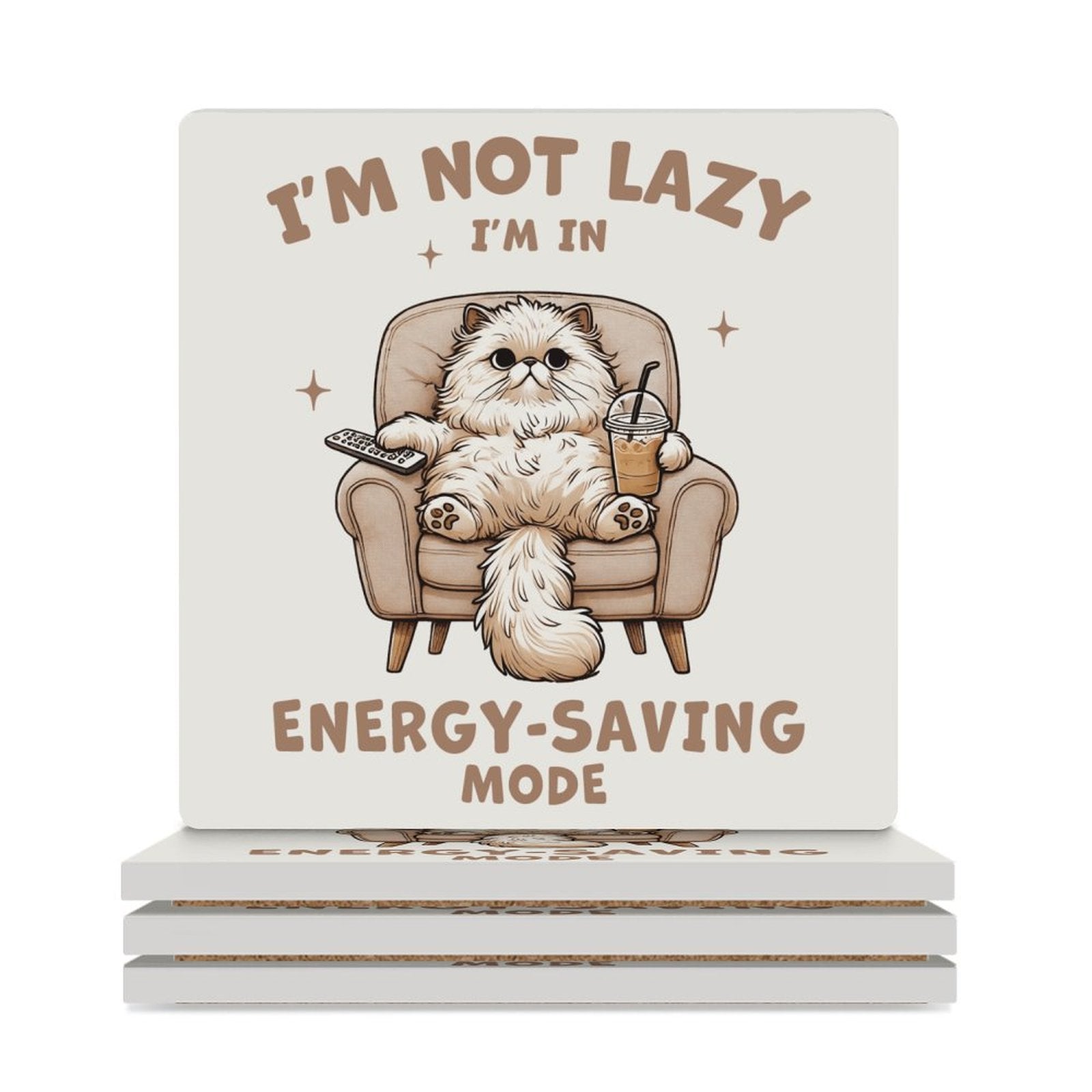 Cat Energy Saving Mode - Ceramic Coasters (Square) white Ceramic Coasters animal Printed Offshore