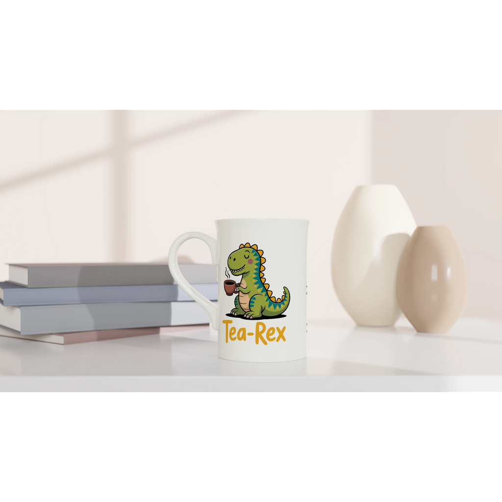 Personalised Tea-Rex, Tea Drinking Dinosaur White 10oz Porcelain Slim Mug Personalised Porcelain Mug animal Globally Fulfilled Tea