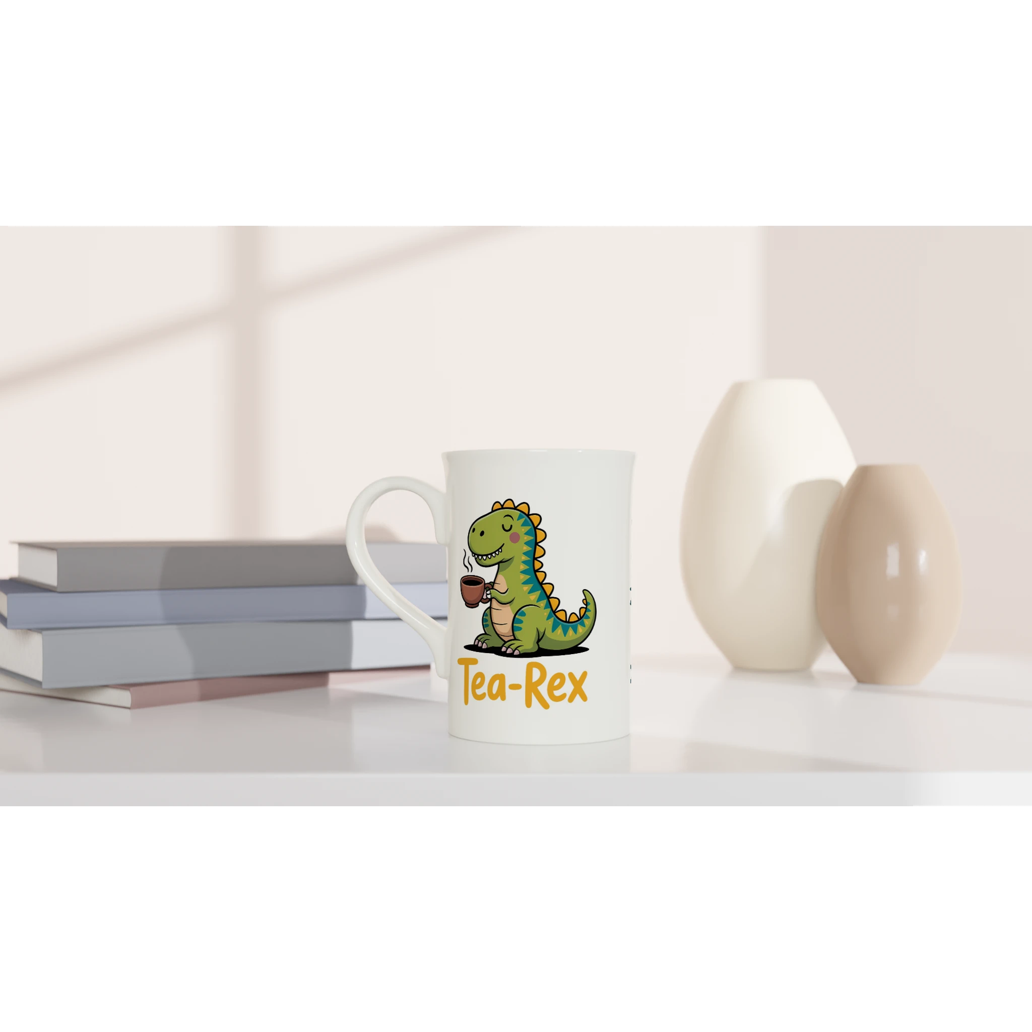 Personalised - Tea-Rex, Tea Drinking Dinosaur - White 10oz Porcelain Slim Mug Personalised Porcelain Mug animal Globally Fulfilled Tea