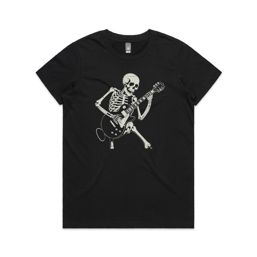 Skeleton Playing Guitar Women's AS Colour T-shirt Black Womens T-shirt Music Printed In Australia