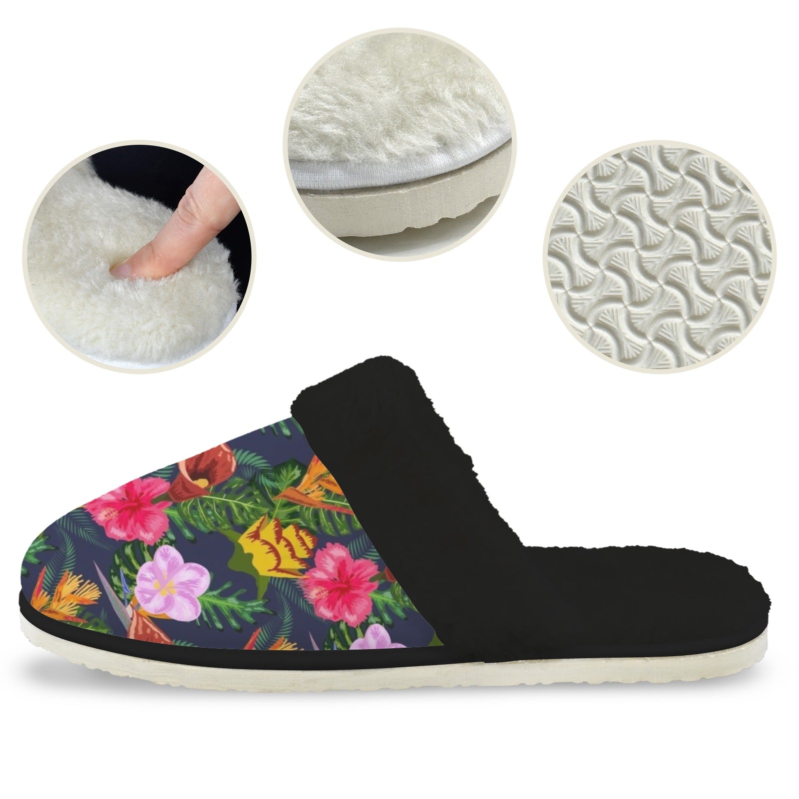 Tropical Floral Women's Fur Trim Thick-Sole Indoor Slippers Women's Fur Trimmed Slippers Plants Printed Offshore