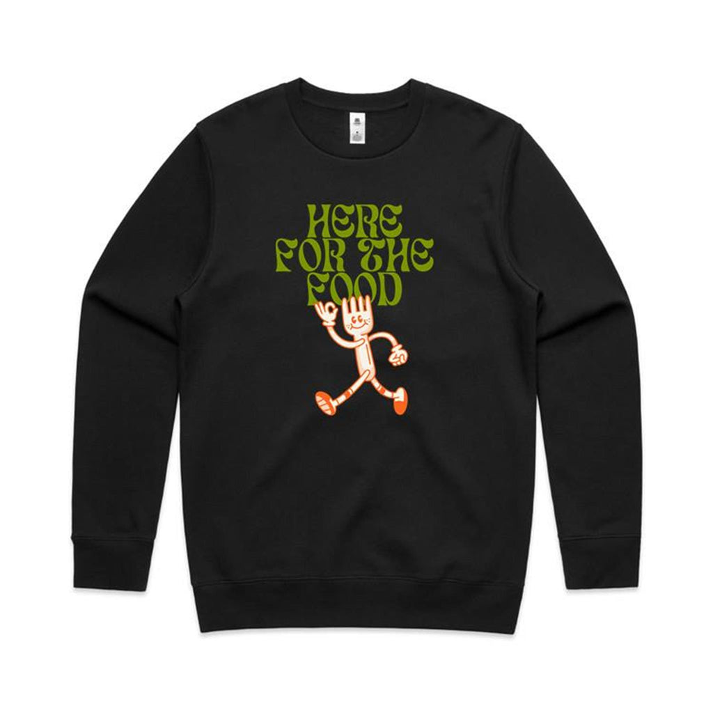Here For The Food - AS Colour Stencil Crew Black Sweatshirt Food Printed In Australia