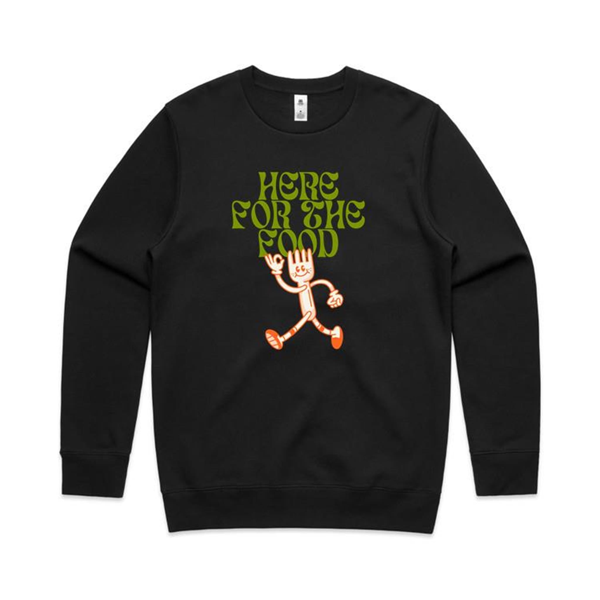 Here For The Food - AS Colour Stencil Crew Black Sweatshirt Food Printed In Australia