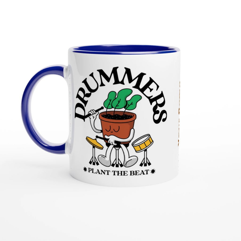 Personalised - Drummers - White 11oz Ceramic Mug with Colour Inside Ceramic Blue Personalised 11oz Mug customise Globally Fulfilled Music personalise Plants