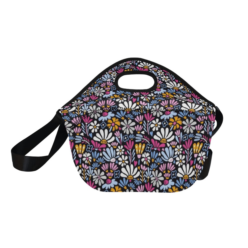 Graphic Flowers On Black - Neoprene Lunch Bag/Large (Model 1669)