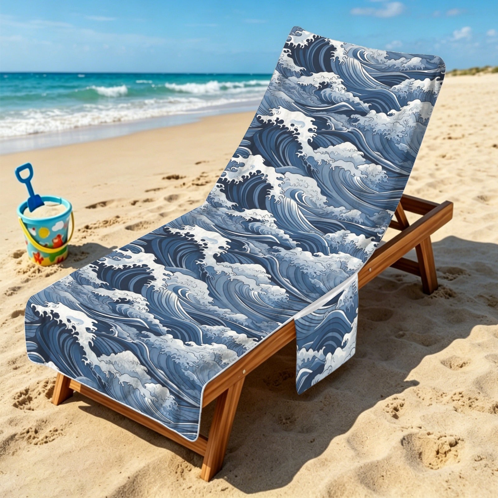Japanese Waves Beach Chair Towel Cover with Side Pockets