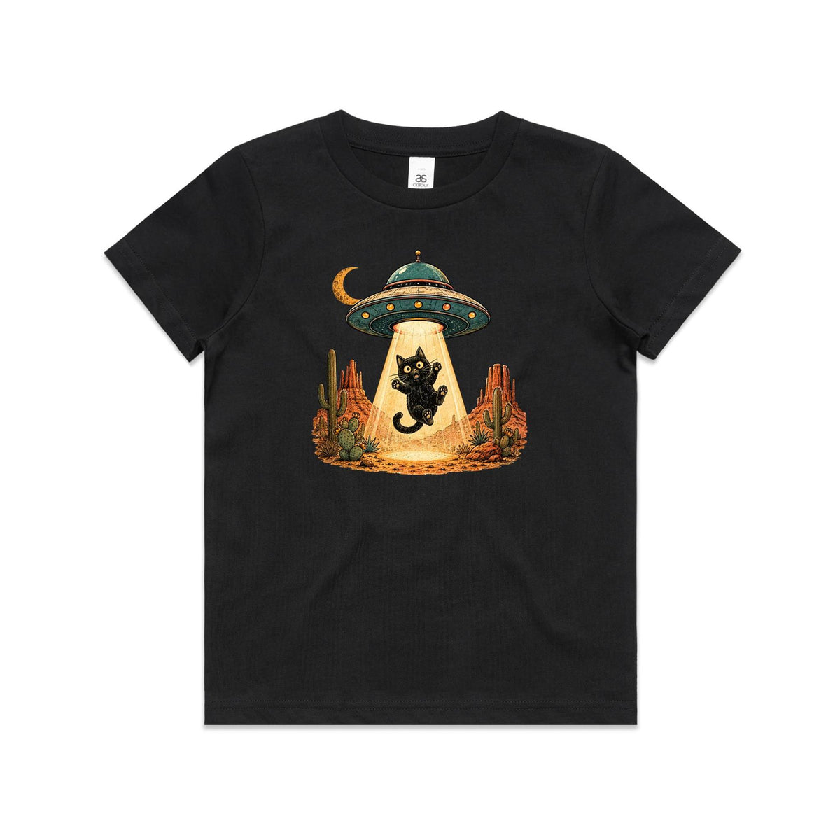 Black Cat Alien UFO Abduction Kids AS Colour T-shirt