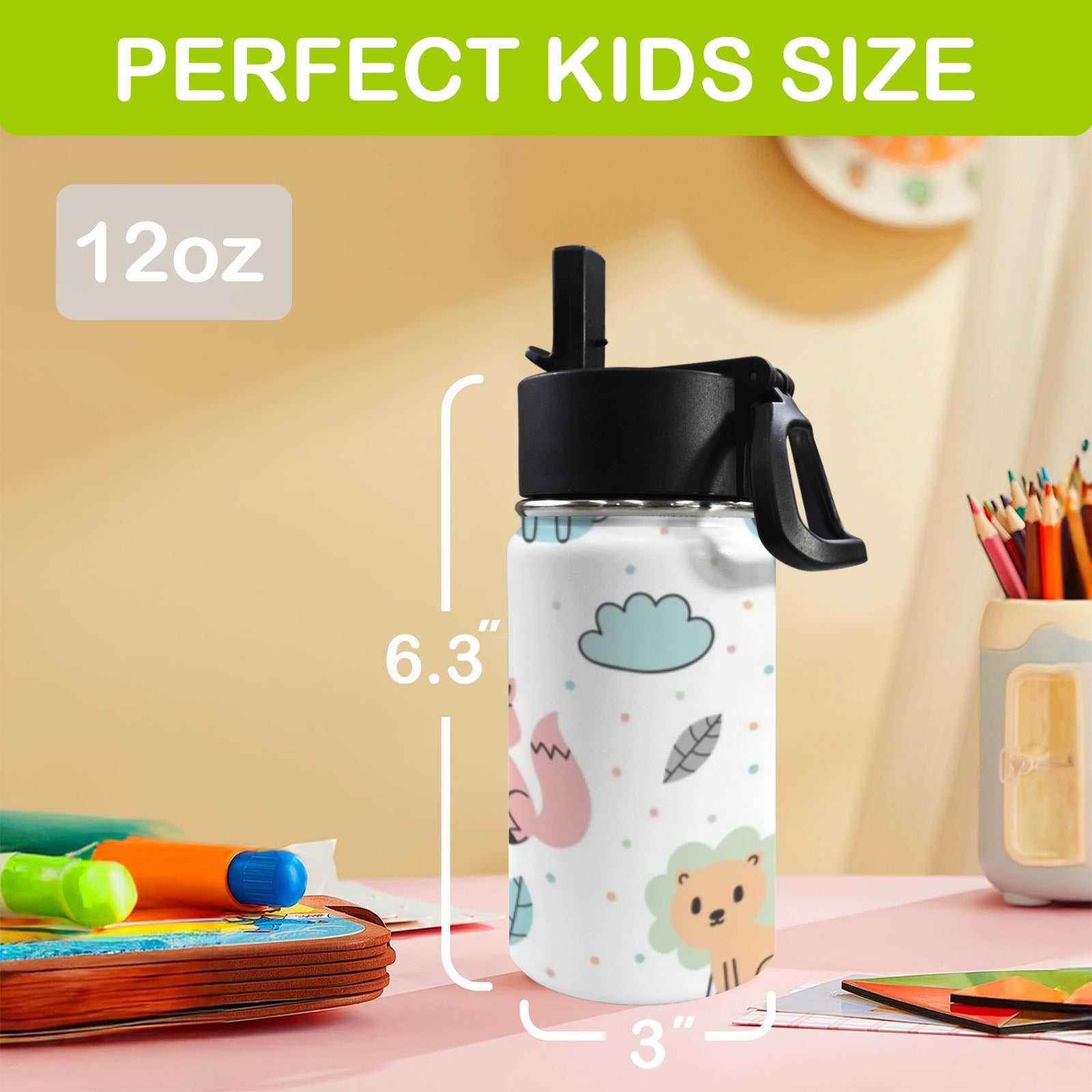 Cute Forest Creatures 12oz Kids Water Bottle with Straw Lid