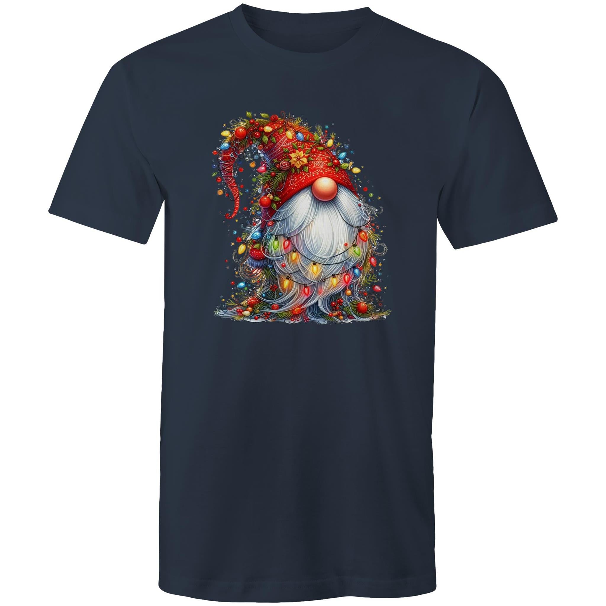 Christmas Gnome Wrapped In Lights - Mens T-Shirt Navy Mens Christmas T-shirt Christmas Printed In Australia