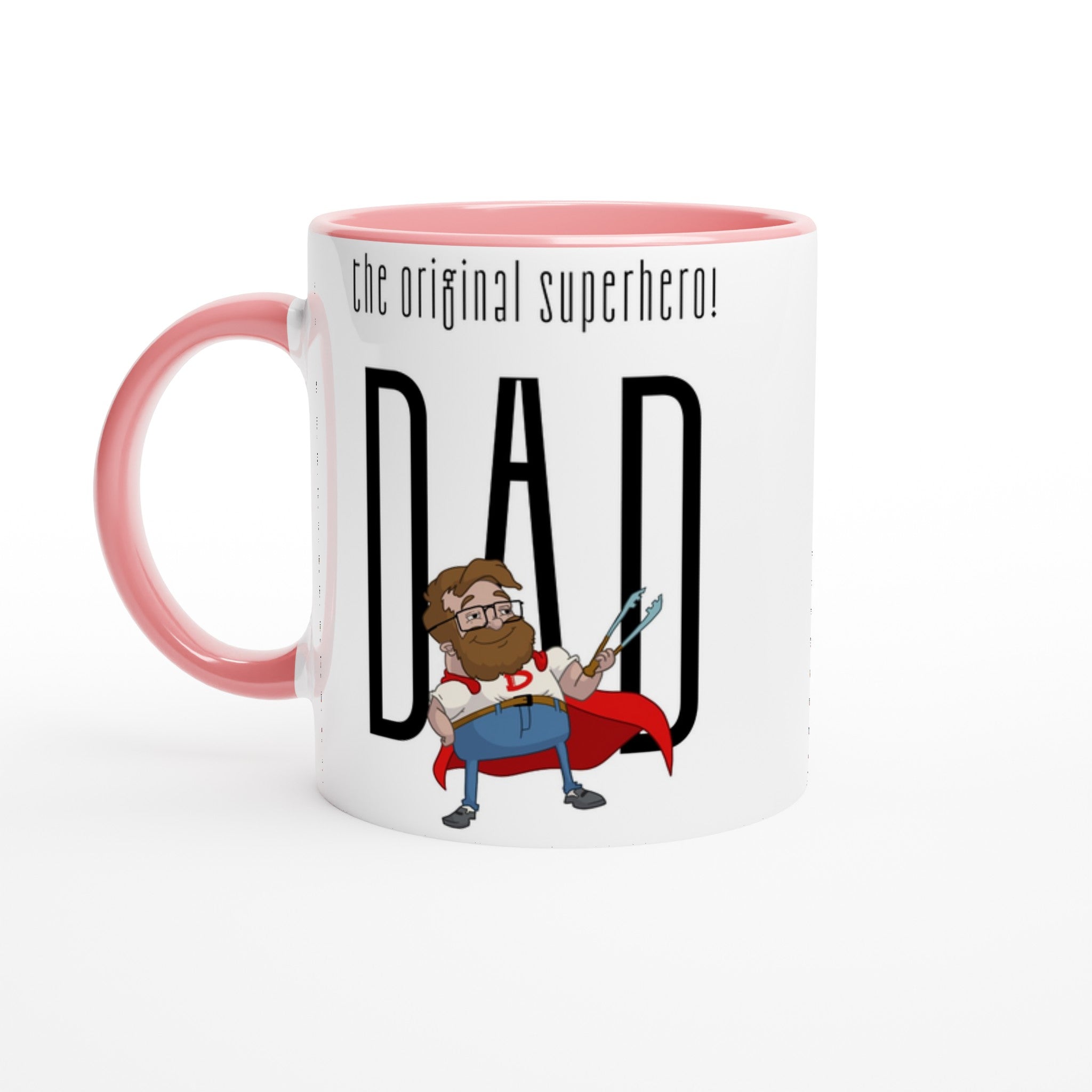 Dad, The Original Superhero - White 11oz Ceramic Mug with Colour Inside Ceramic Pink Colour 11oz Mug comic Dad Globally Fulfilled