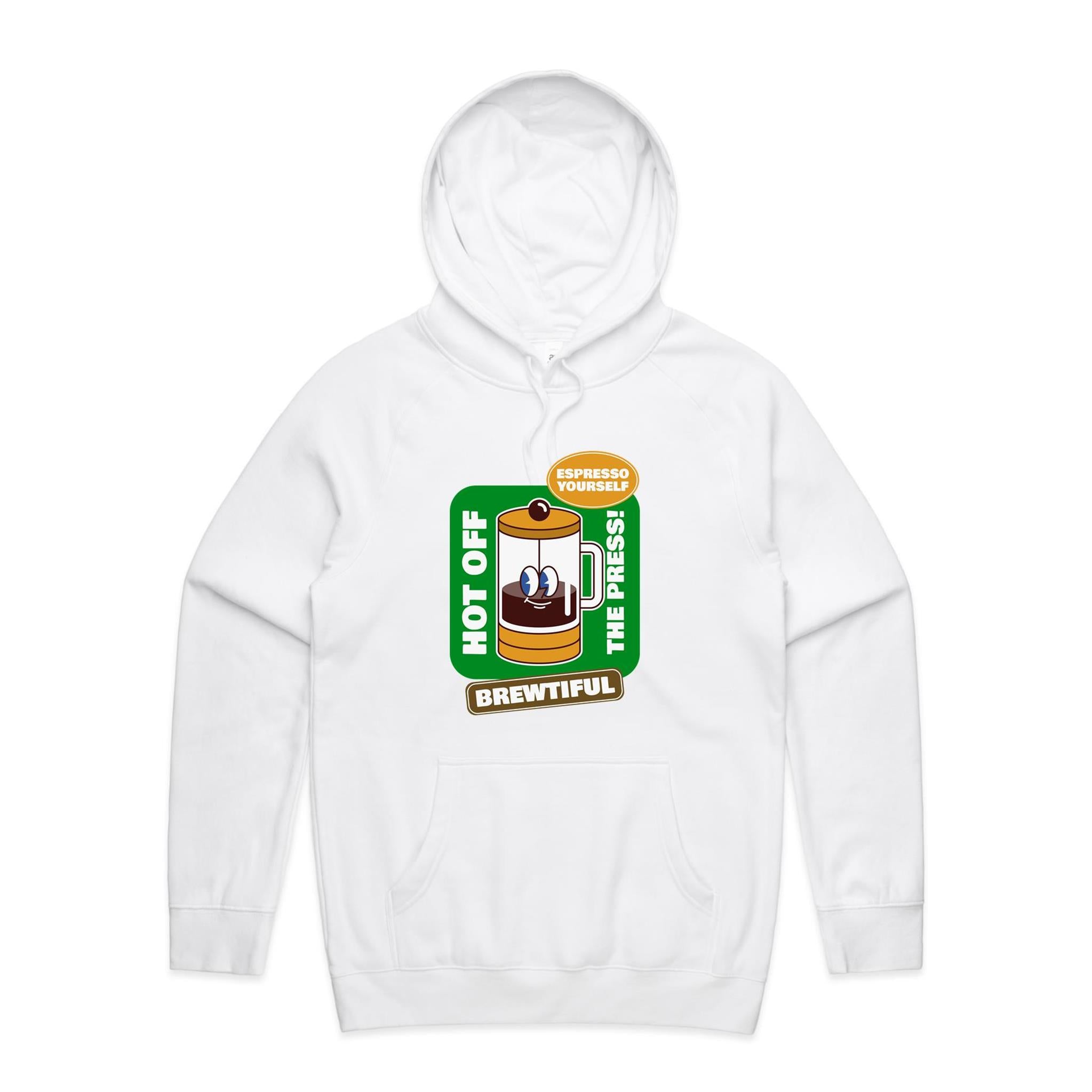 Brewtiful, Coffee Press - Mens Hoodie White Mens Hoodie Coffee Printed In Australia