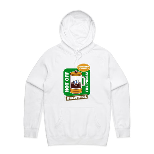 Brewtiful, Coffee Press - Mens Hoodie White Mens Hoodie Coffee Printed In Australia