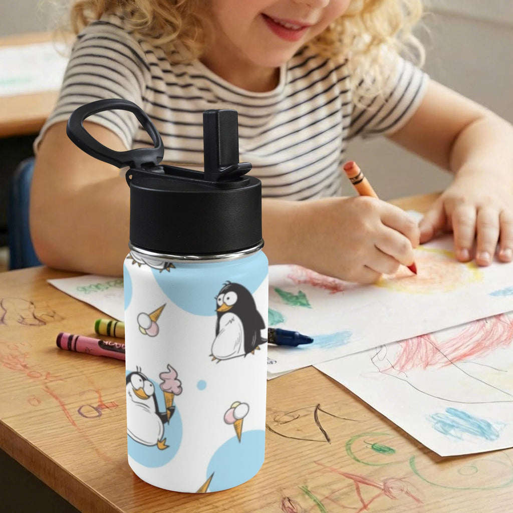Cute Cartoon Penguins 12oz Kids Water Bottle with Straw Lid