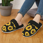 Sunflowers On Black Women's Fur Trim Thick-Sole Indoor Slippers Women's Fur Trimmed Slippers Plants Printed Offshore