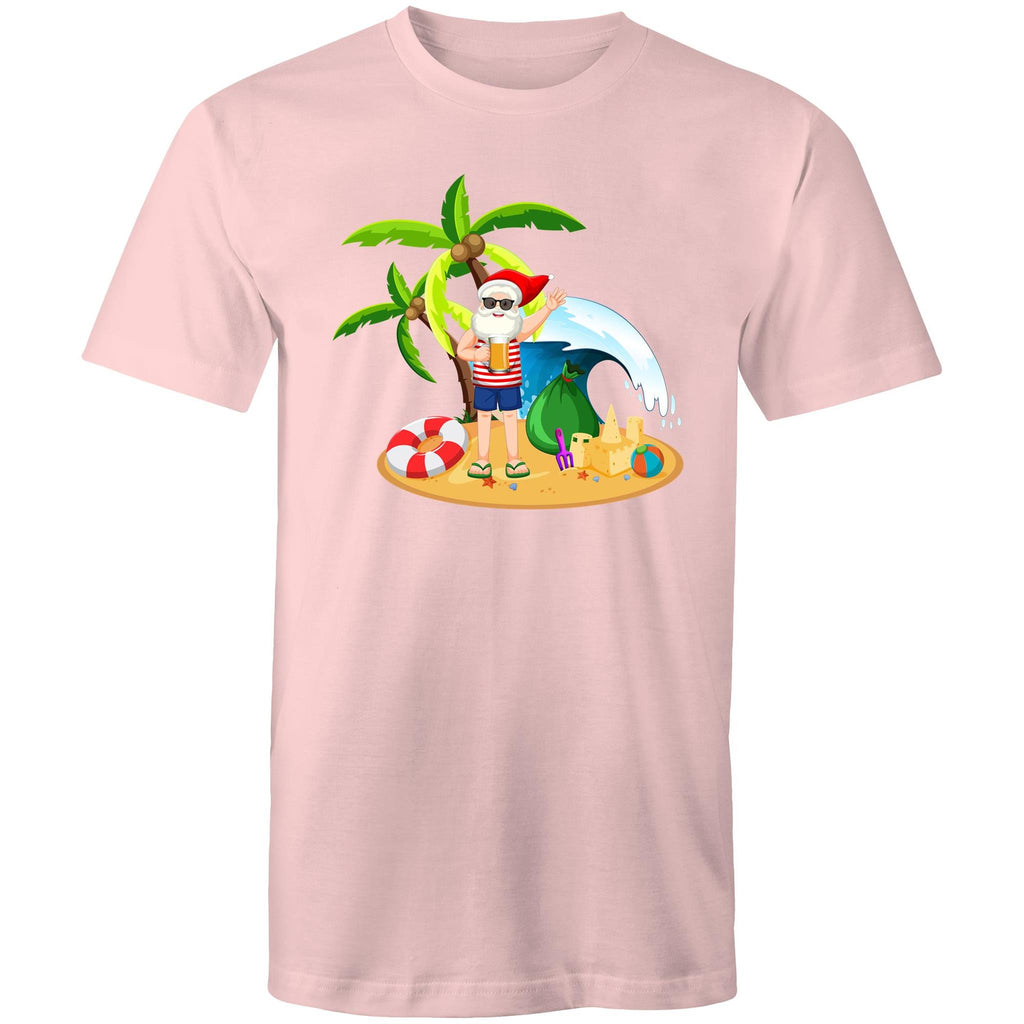 Surf Summer Santa - Mens T-Shirt Pink Mens Christmas T-shirt Christmas Printed In Australia