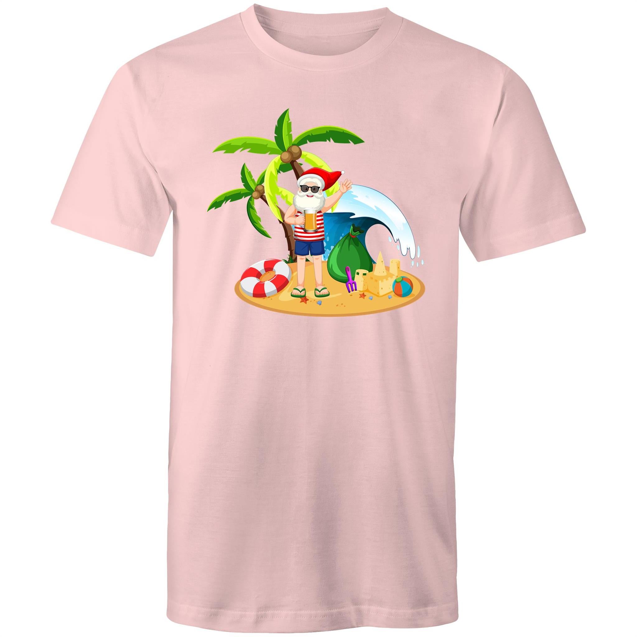 Surf Summer Santa - Mens T-Shirt Pink Mens Christmas T-shirt Christmas Printed In Australia