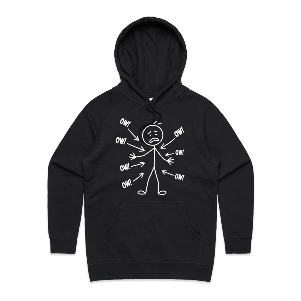 Ow! Everything Hurts Stick Figure Women's AS Colour Hoodie Black Womens Hoodie Printed In Australia