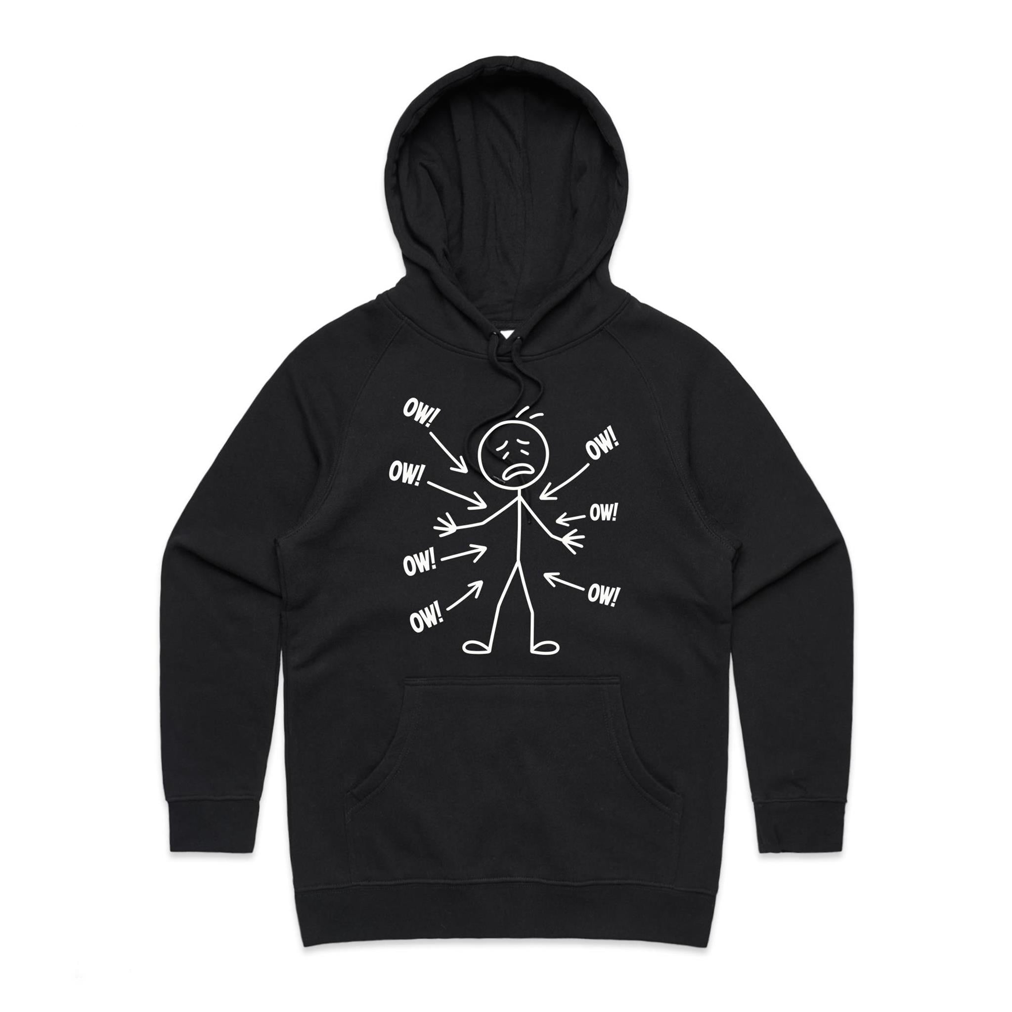 Ow! Everything Hurts Stick Figure Women's AS Colour Hoodie Black Womens Hoodie Printed In Australia