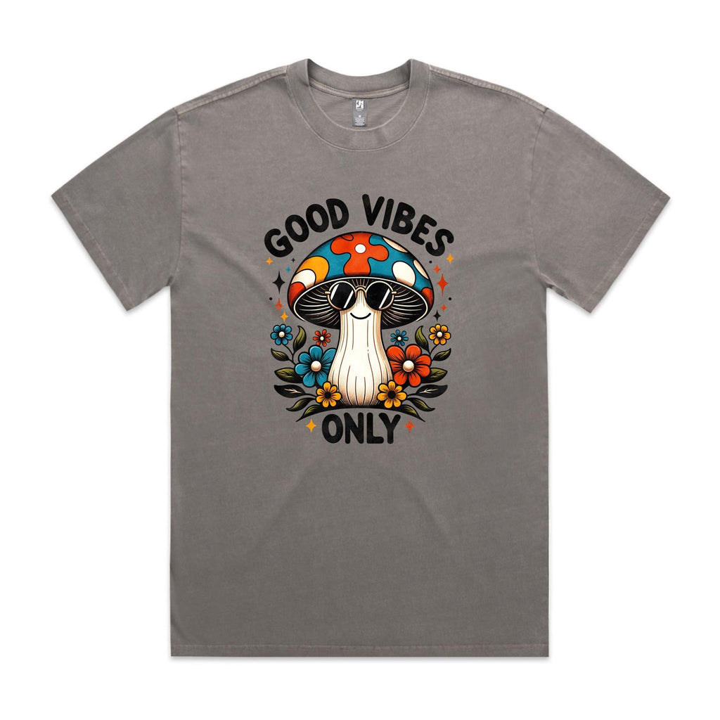 Good Vibes Only, Hippie Mushroom AS Colour Heavy Faded Tee Unisex Faded grey Heavy Faded T-shirt Positivity Printed In Australia