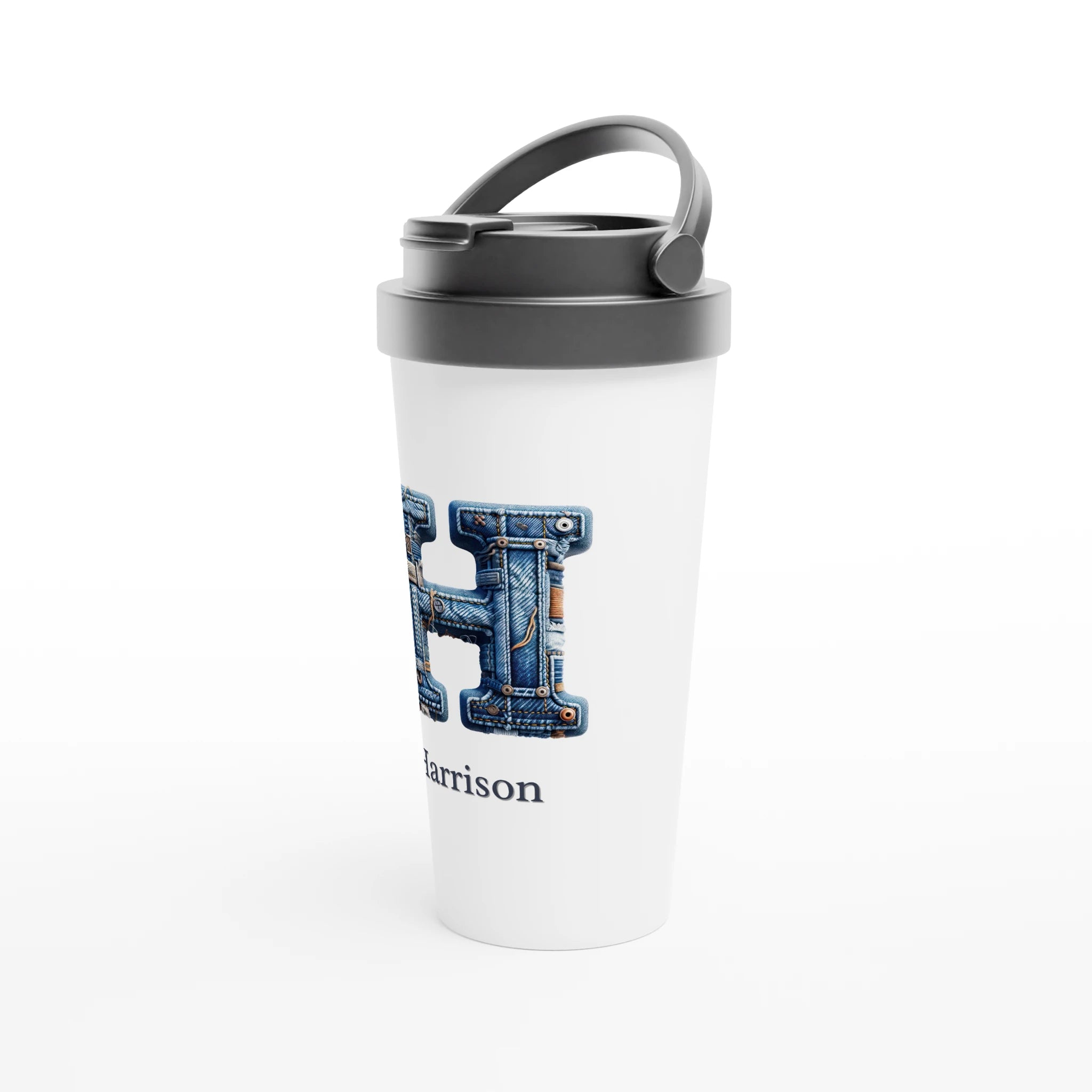 Blue Denim Initial - White 15oz Stainless Steel Travel Mug Personalised Travel Mug customise Globally Fulfilled Initial Name personalise