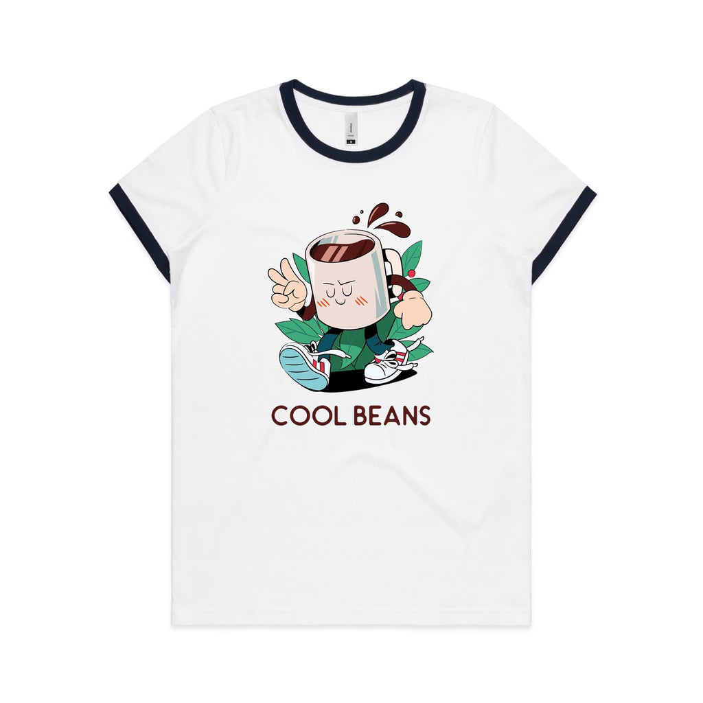 Cool Beans, Coffee - Women's Ringer Tee White Navy Womens Ringer T-shirt Coffee Printed In Australia