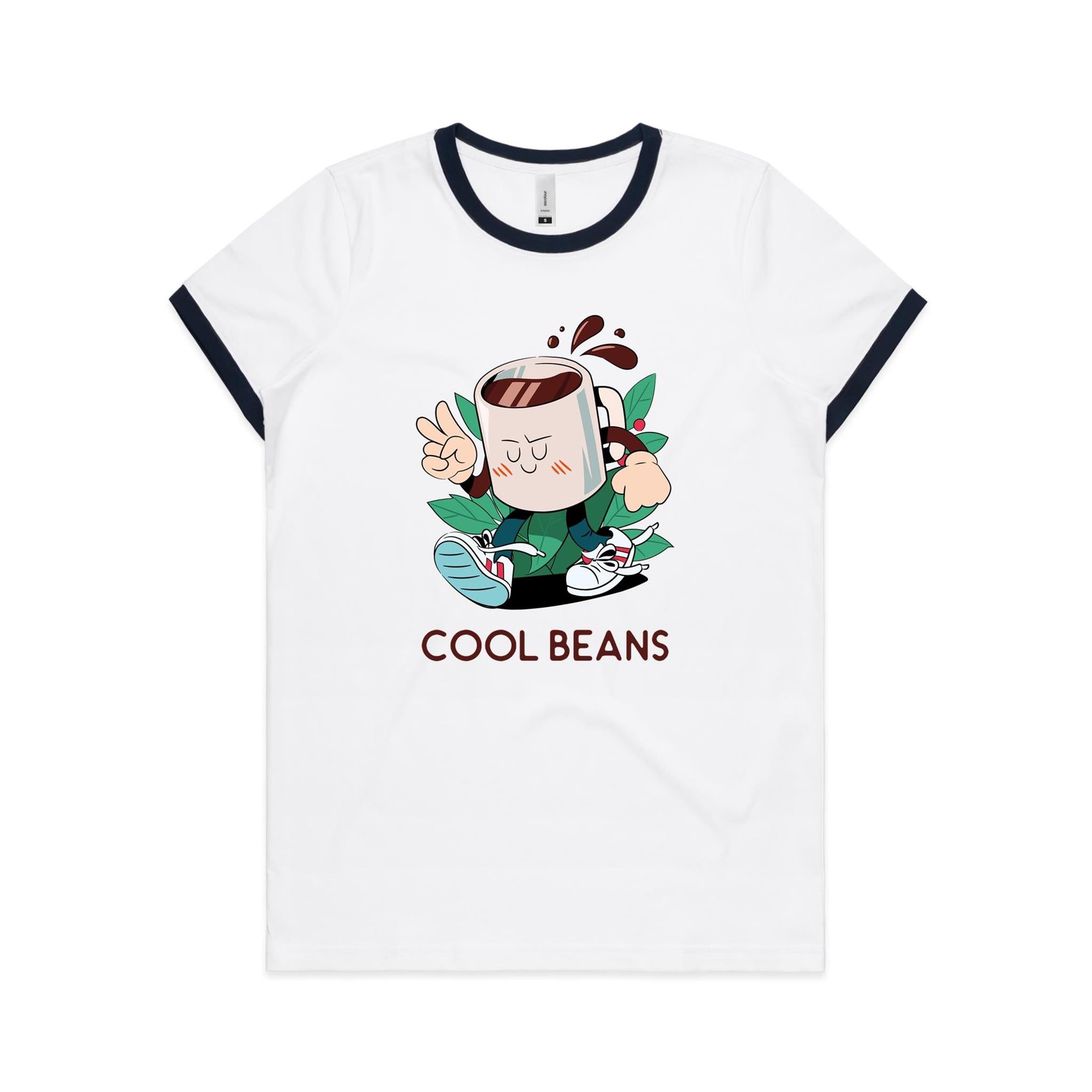 Cool Beans, Coffee - Women's Ringer Tee White Navy Womens Ringer T-shirt Coffee Printed In Australia