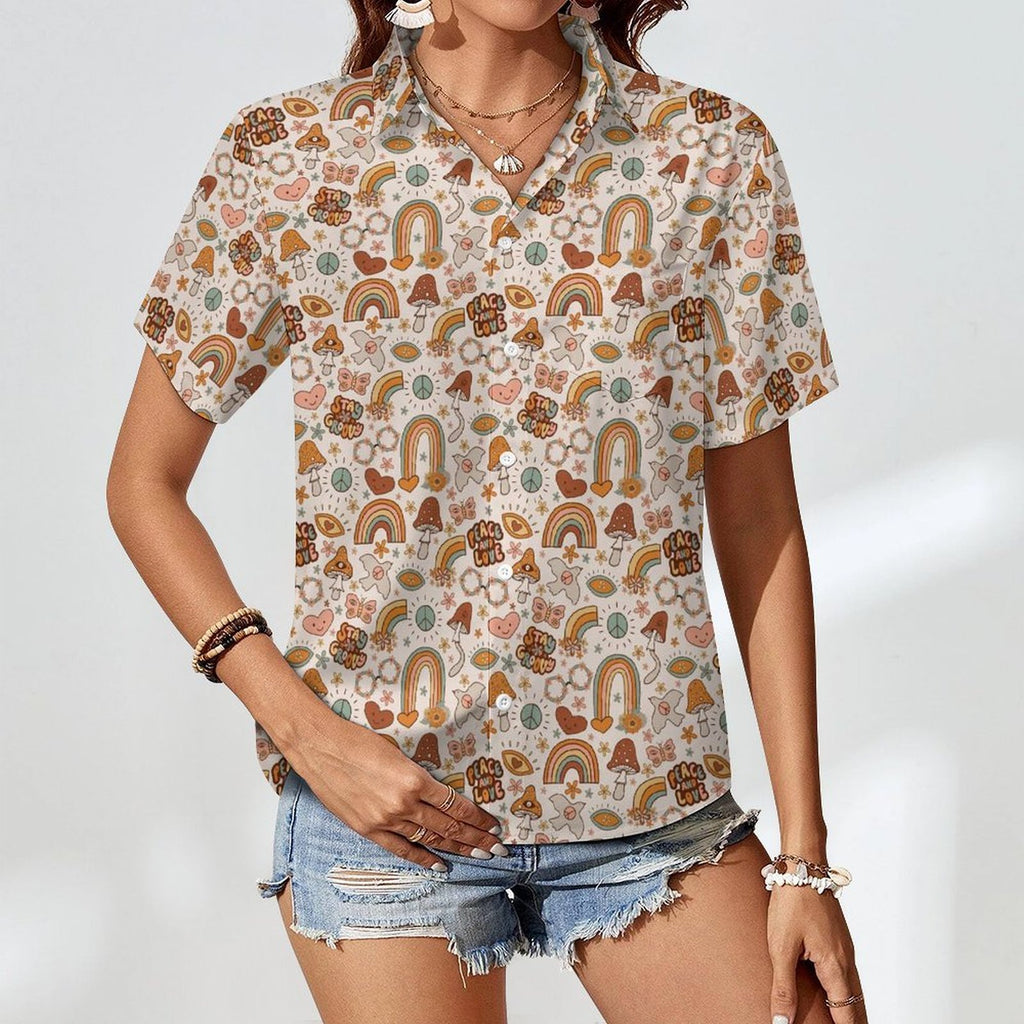 Peace And Love Women's Short-Sleeve Button Up Shirt Women's Short-Sleeve Button Up Shirt Printed Offshore Retro