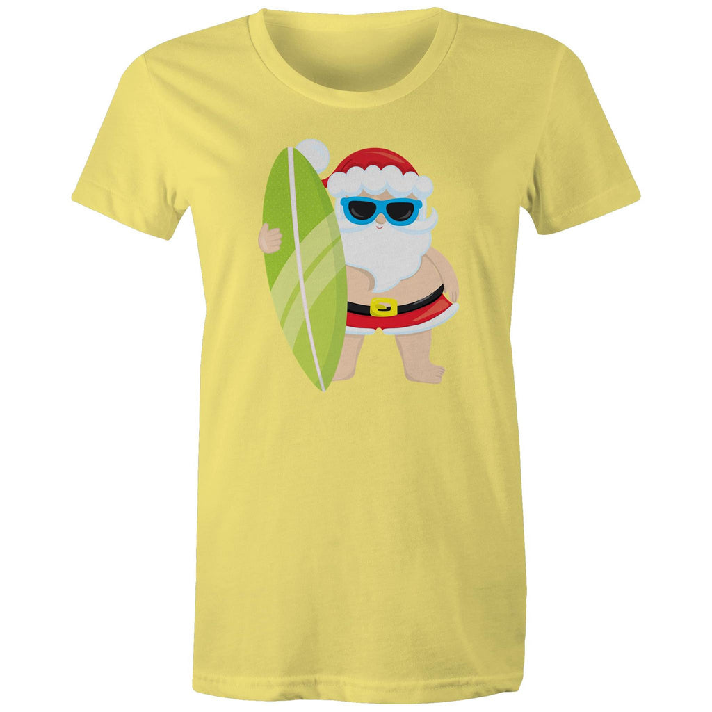 Surfing Santa - Womens T-shirt Yellow Womens Christmas T-shirt Christmas Printed In Australia