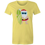 Surfing Santa - Womens T-shirt Yellow Womens Christmas T-shirt Christmas Printed In Australia