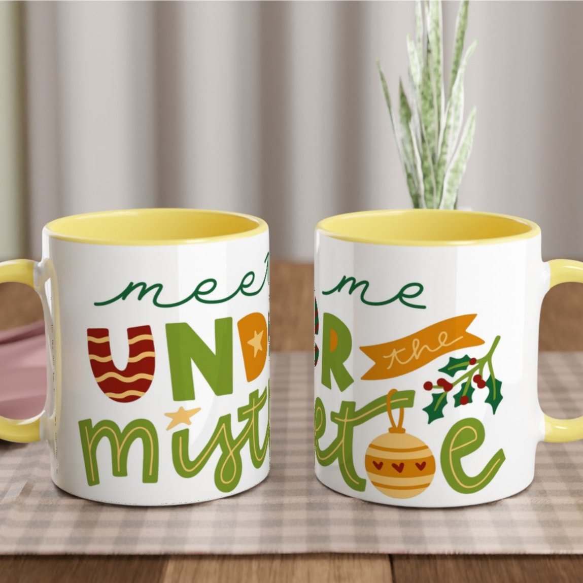 Meet Me Under The Mistletoe - White 11oz Ceramic Mug with Colour Inside Ceramic Yellow Christmas Colour Mug Christmas Globally Fulfilled