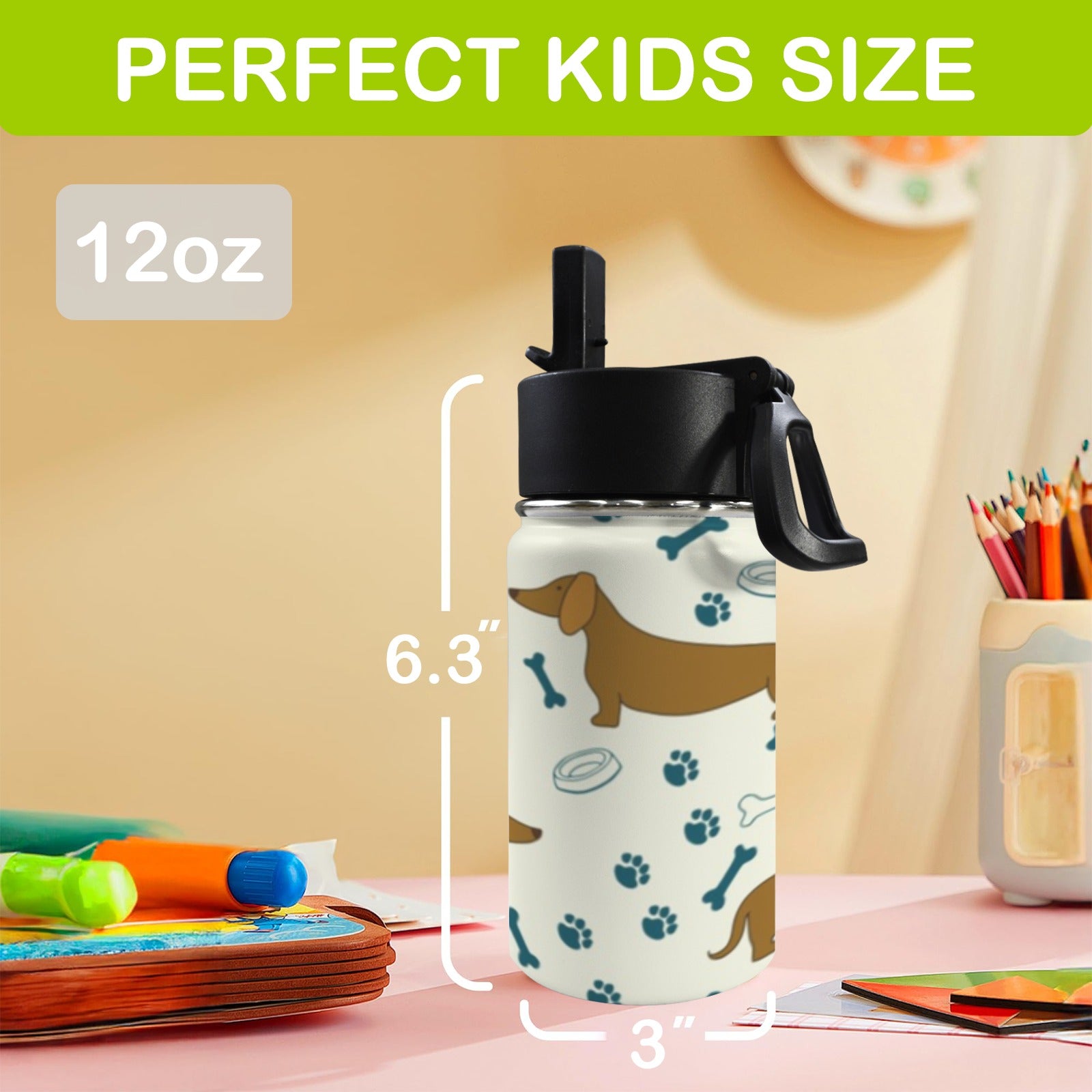 Dachshund Sausage Dog 12oz Kids Water Bottle with Straw Lid