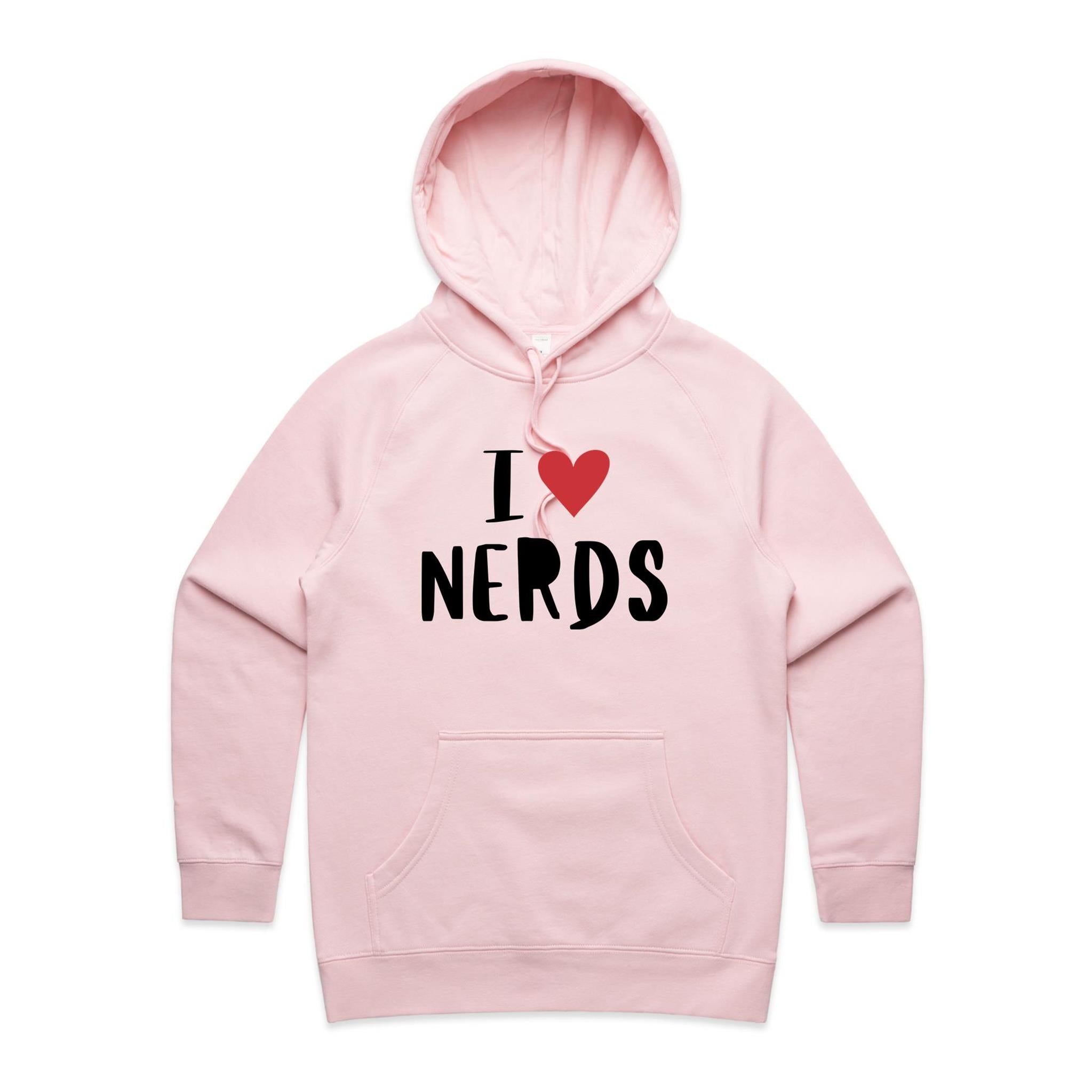 I Love Nerds, Red Heart - Womens Hoodie Pink Womens Hoodie Love Printed In Australia
