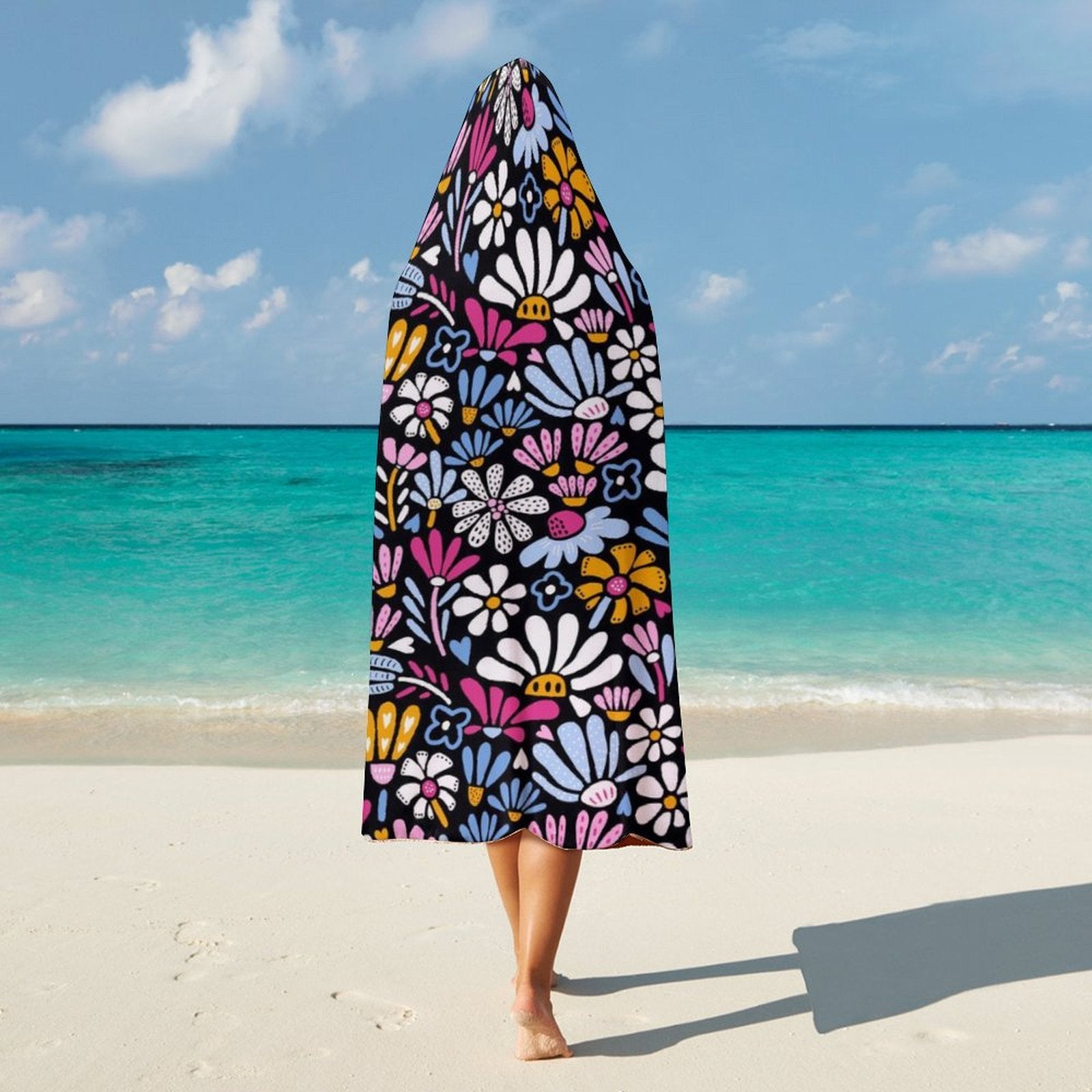 Graphic Flowers On Black Kids Hooded Blanket 100cm x 130cm Kids Hooded Blanket Plants Printed Offshore