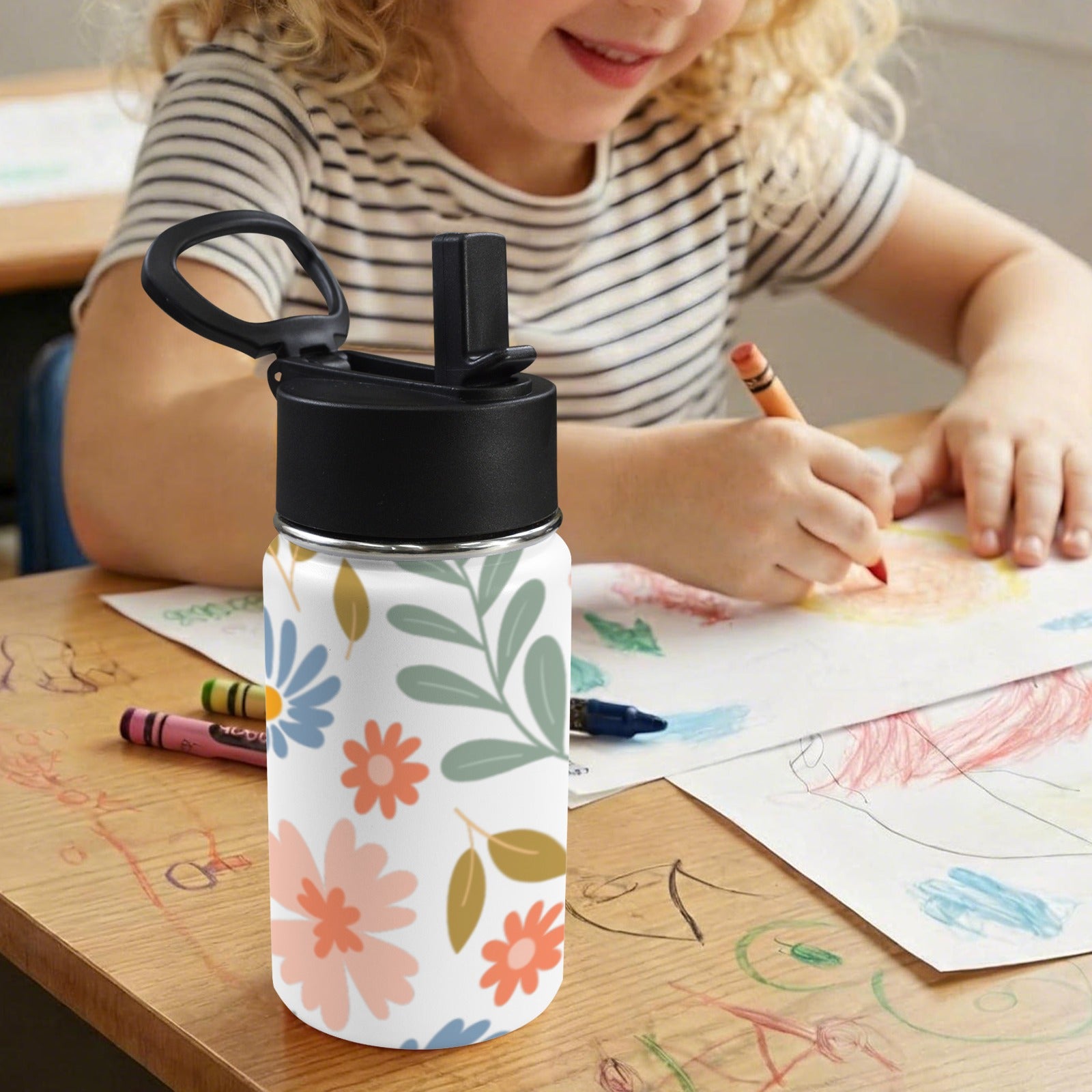Boho Flowers And Leaves 12oz Kids Water Bottle with Straw Lid