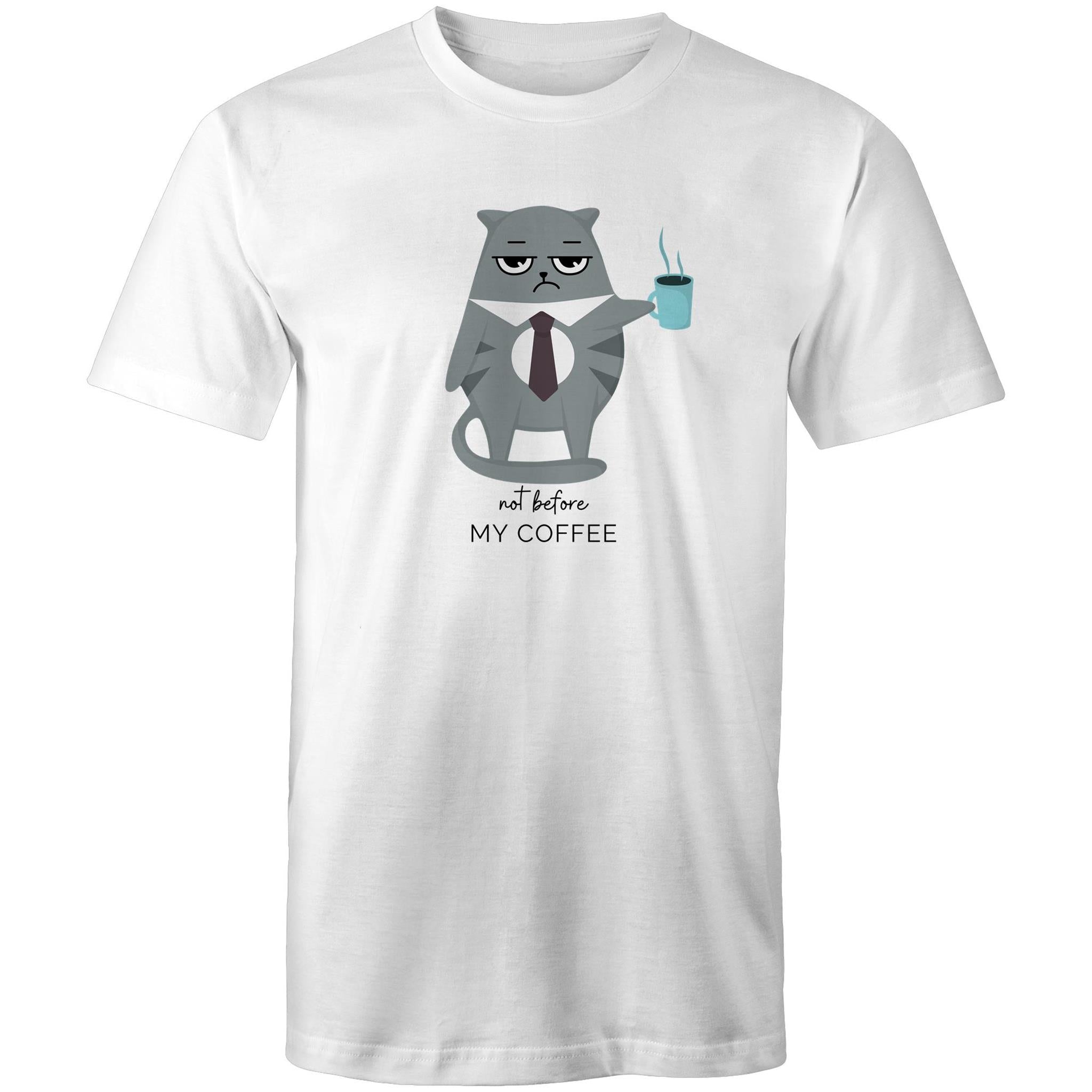 Not Before My Coffee, Cranky Cat - Mens T-Shirt White Mens T-shirt animal Coffee Printed In Australia