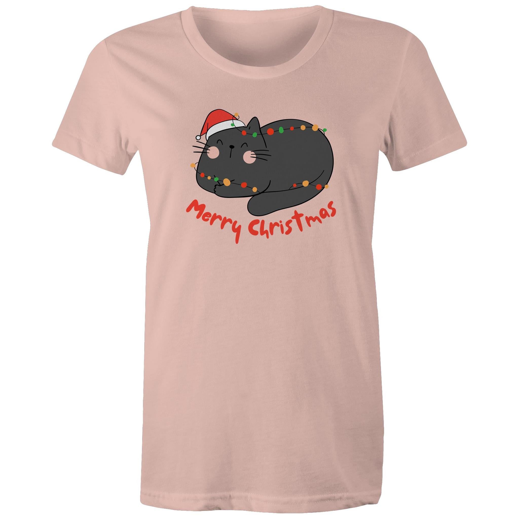 Merry Christmas Cat - Womens T-shirt Pale Pink Womens Christmas T-shirt Christmas Printed In Australia