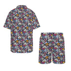 Graphic Flowers On Black Men's Hawaiian Shirt & Shorts Set Men's Hawaiian Shirt & Shorts Set Plants Printed Offshore