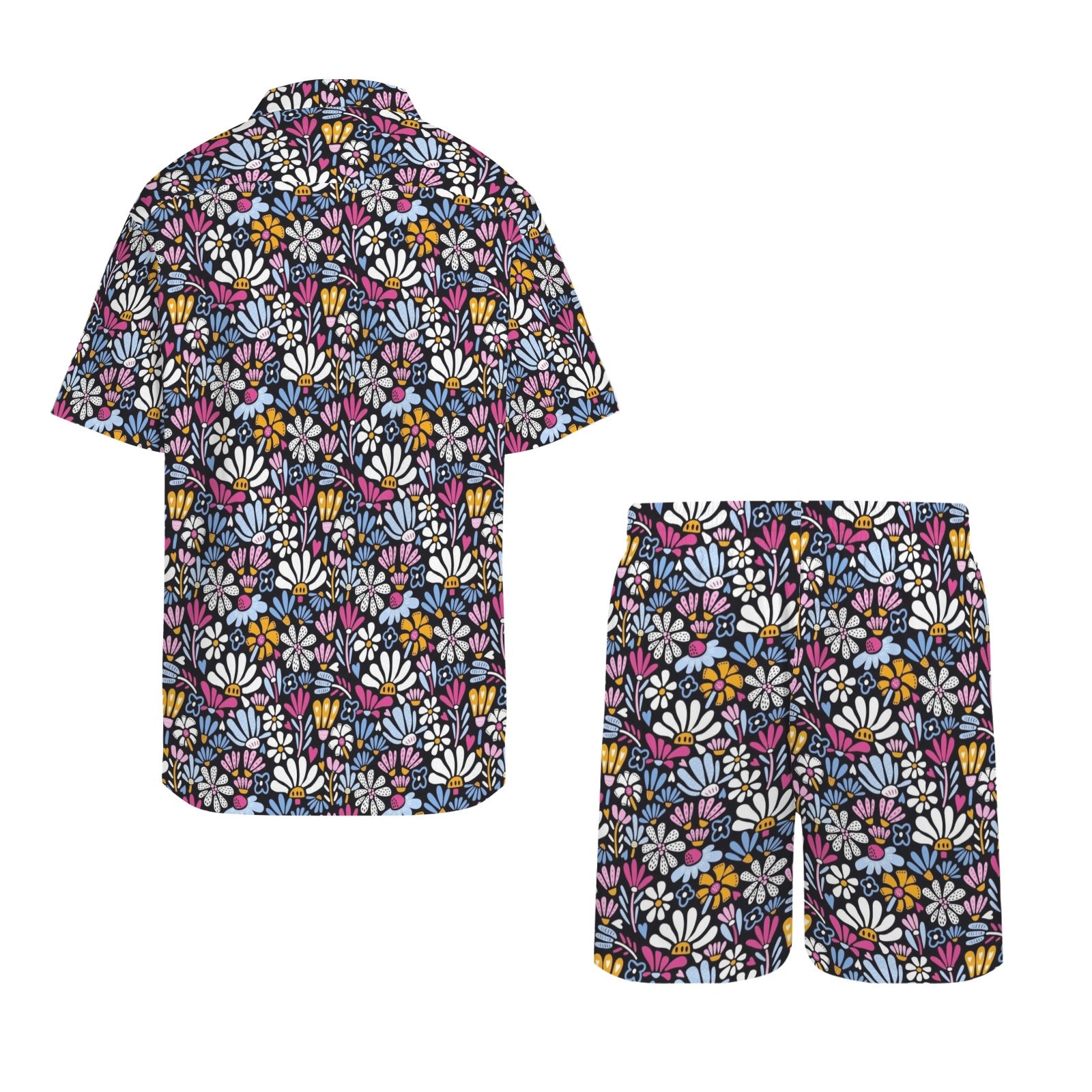 Graphic Flowers On Black Men's Hawaiian Shirt & Shorts Set Men's Hawaiian Shirt & Shorts Set Plants Printed Offshore
