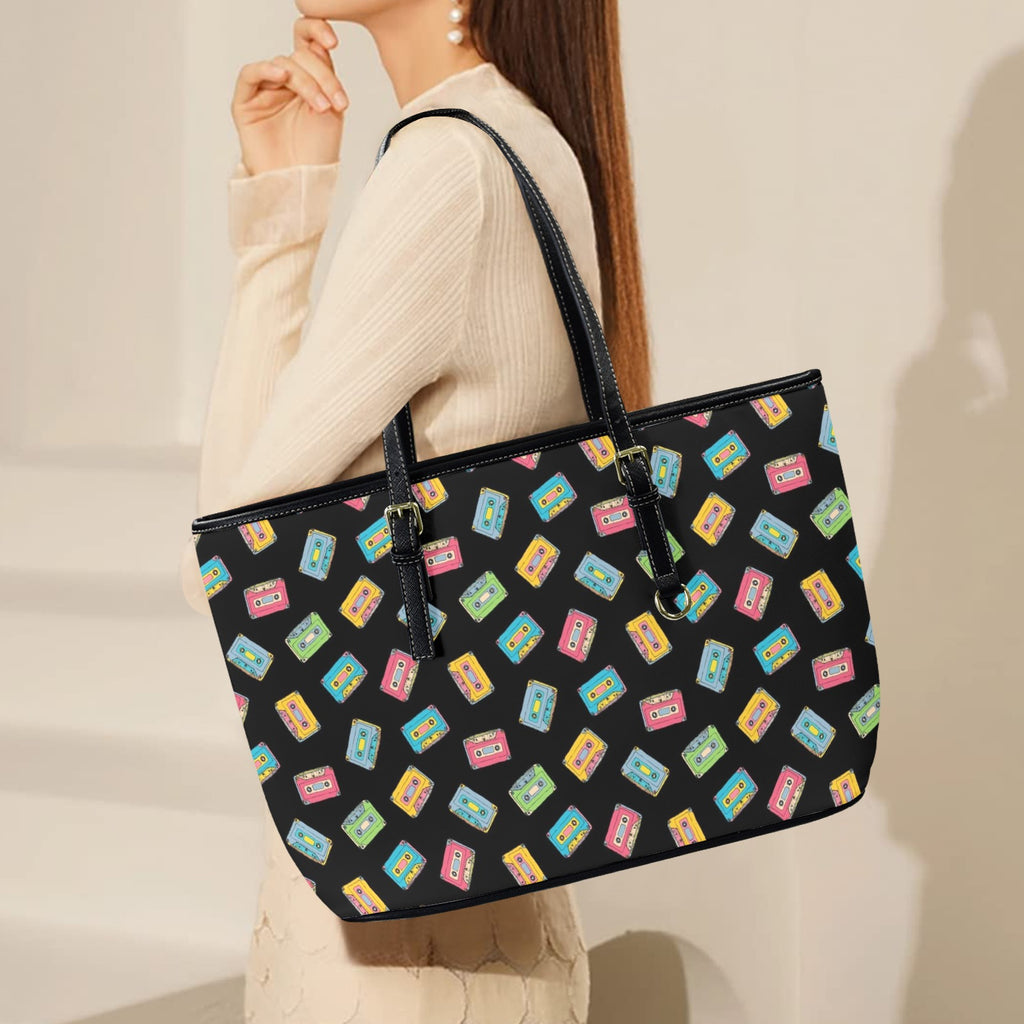 Colourful Cassettes PU Leather Tote Bag Large Leather Tote Bag-Large Music Printed Offshore Retro