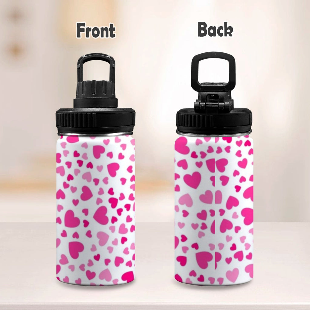 Pink Hearts On White - Kids Water Bottle with Chug Lid (12 oz)