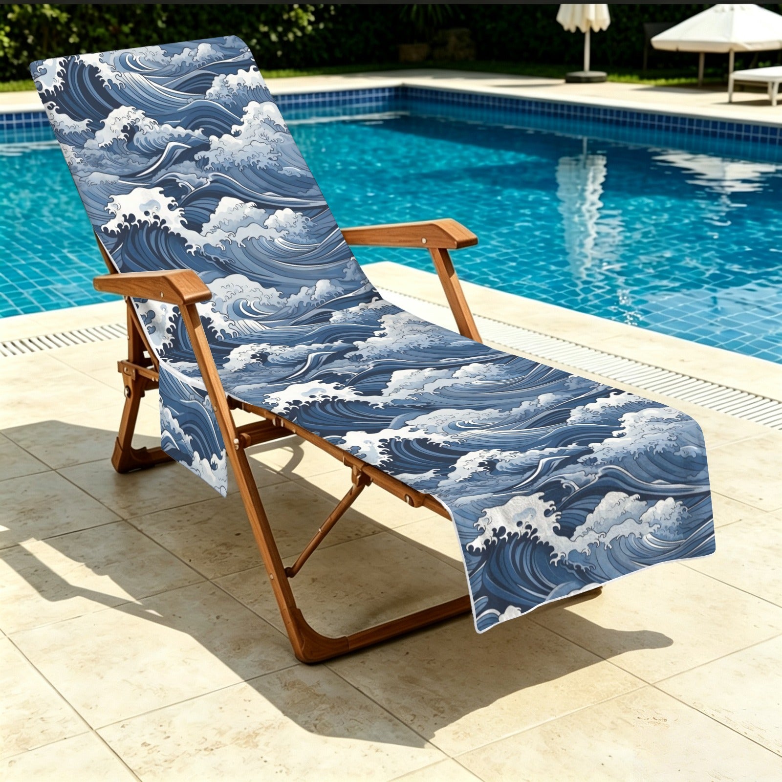 Japanese Waves Beach Chair Towel Cover with Side Pockets