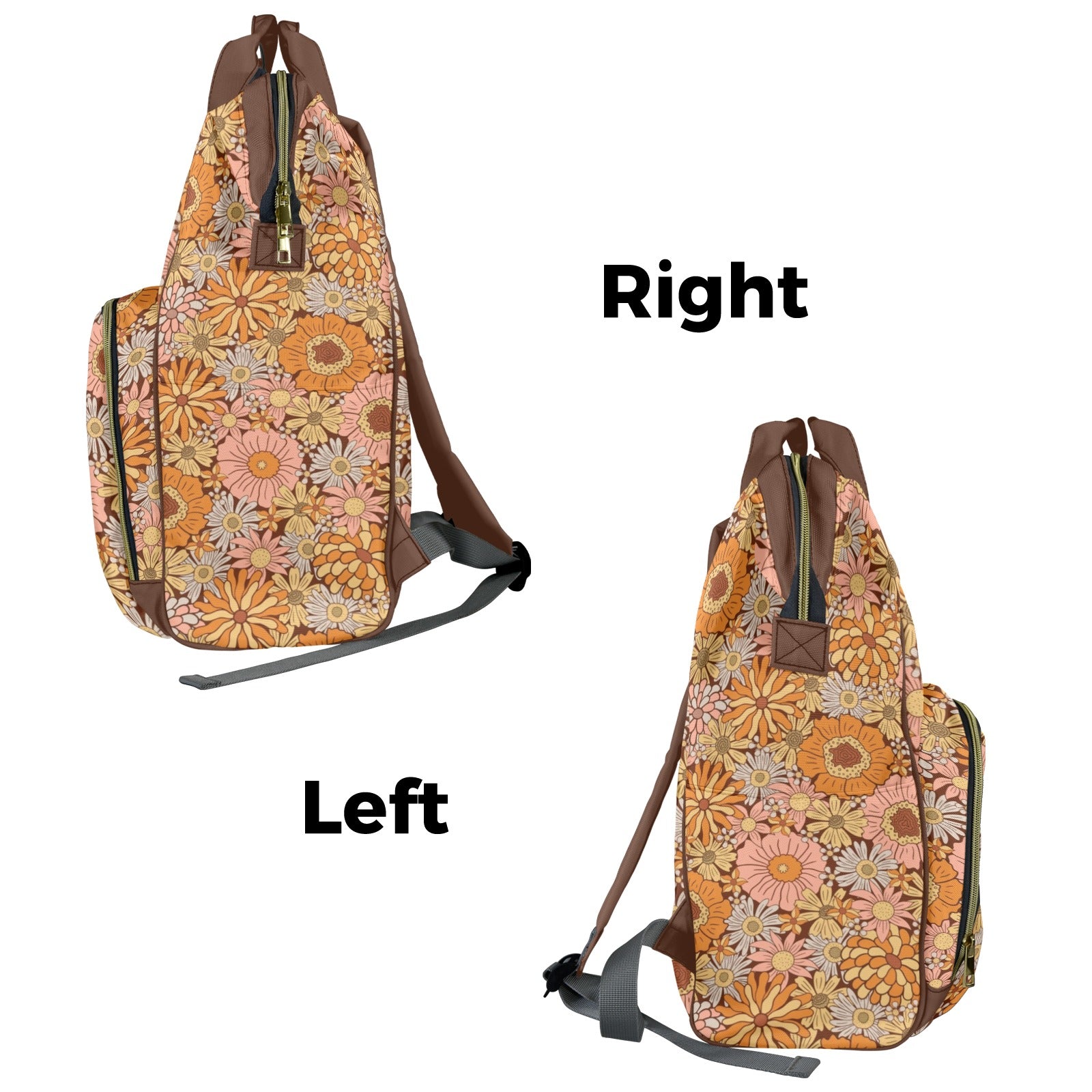Orange Retro Floral Multi-Function Backpack, Nappy / Diaper Bag Multi-function Backpack, Nappy / Diaper Bag Plants Printed Offshore
