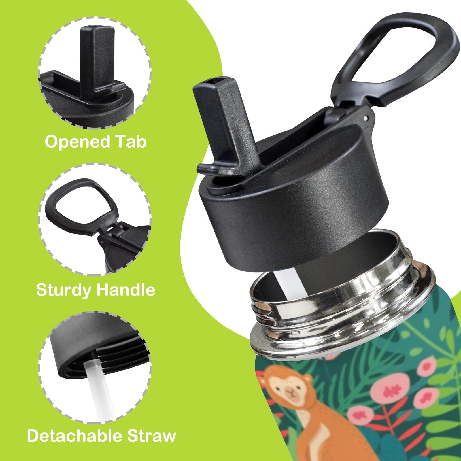 Tropical Jungle Animals 12oz Kids Water Bottle with Straw Lid