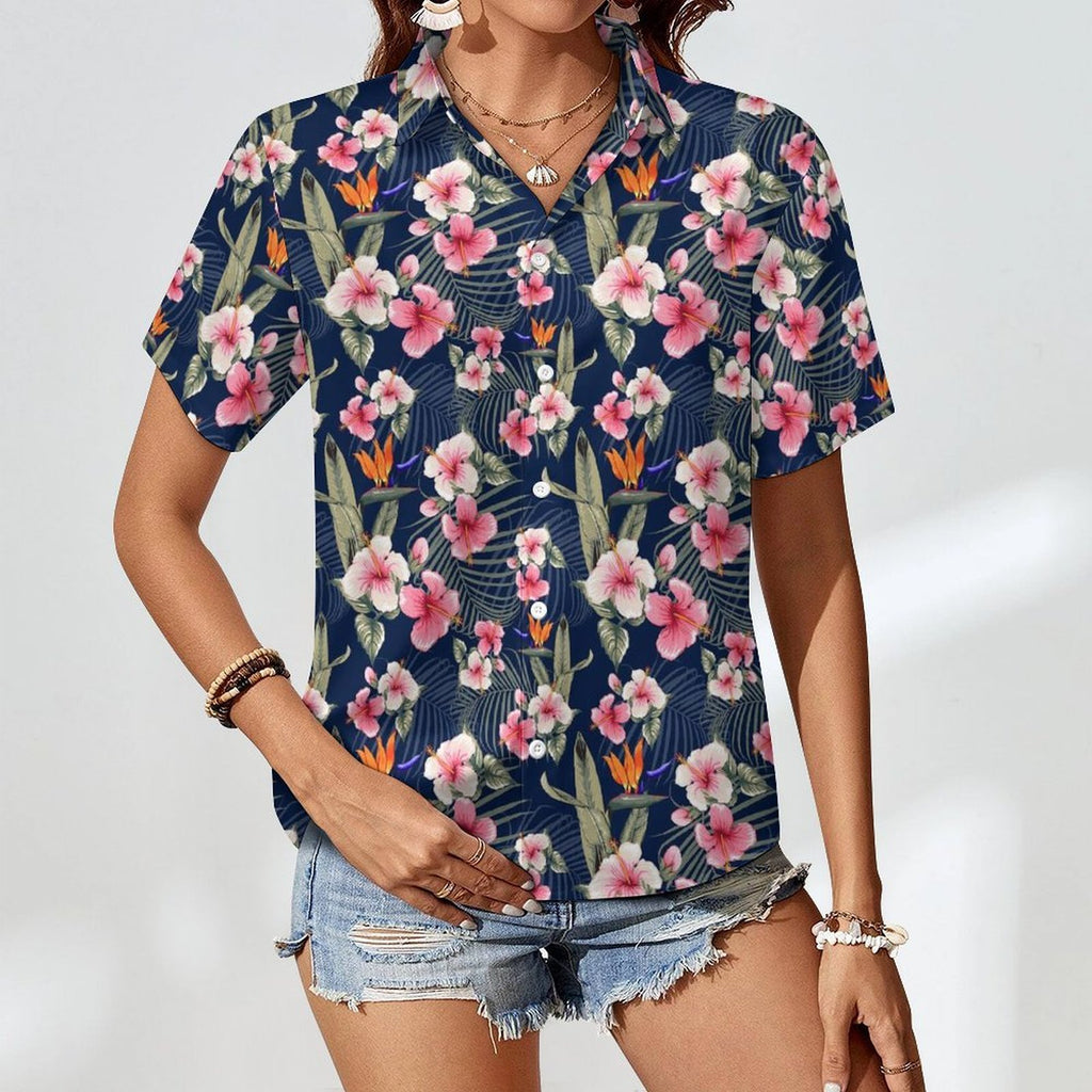 Dark Hawaiian Floral Women's Collared Pocketless Short Sleeve Shirt Women's Pocketless Short Sleeve Button Up Shirt Printed Offshore