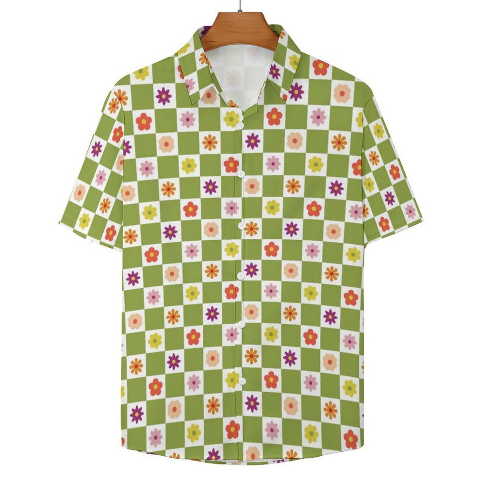 Flower Check Women's Collared Pocketless Short Sleeve Shirt